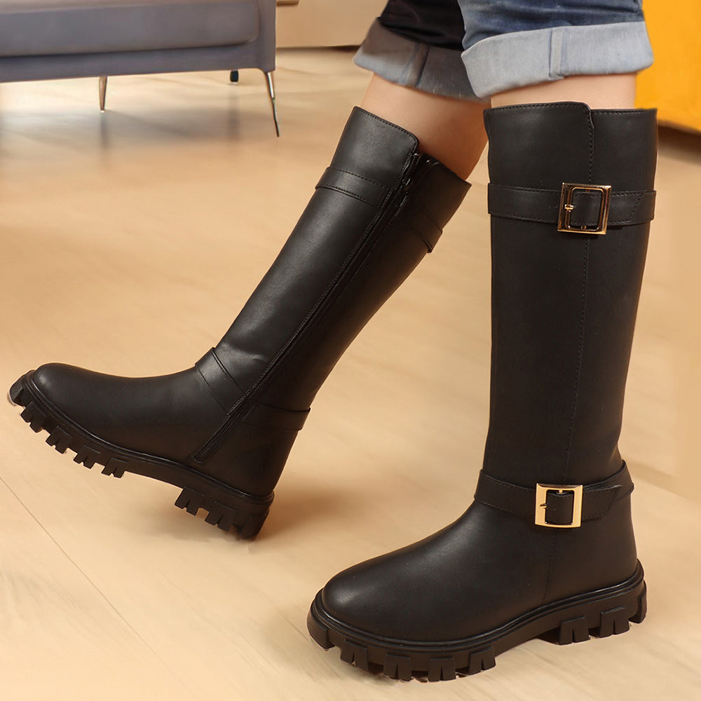 Women Block-Heeled Buckle Detail Winter Long Boots