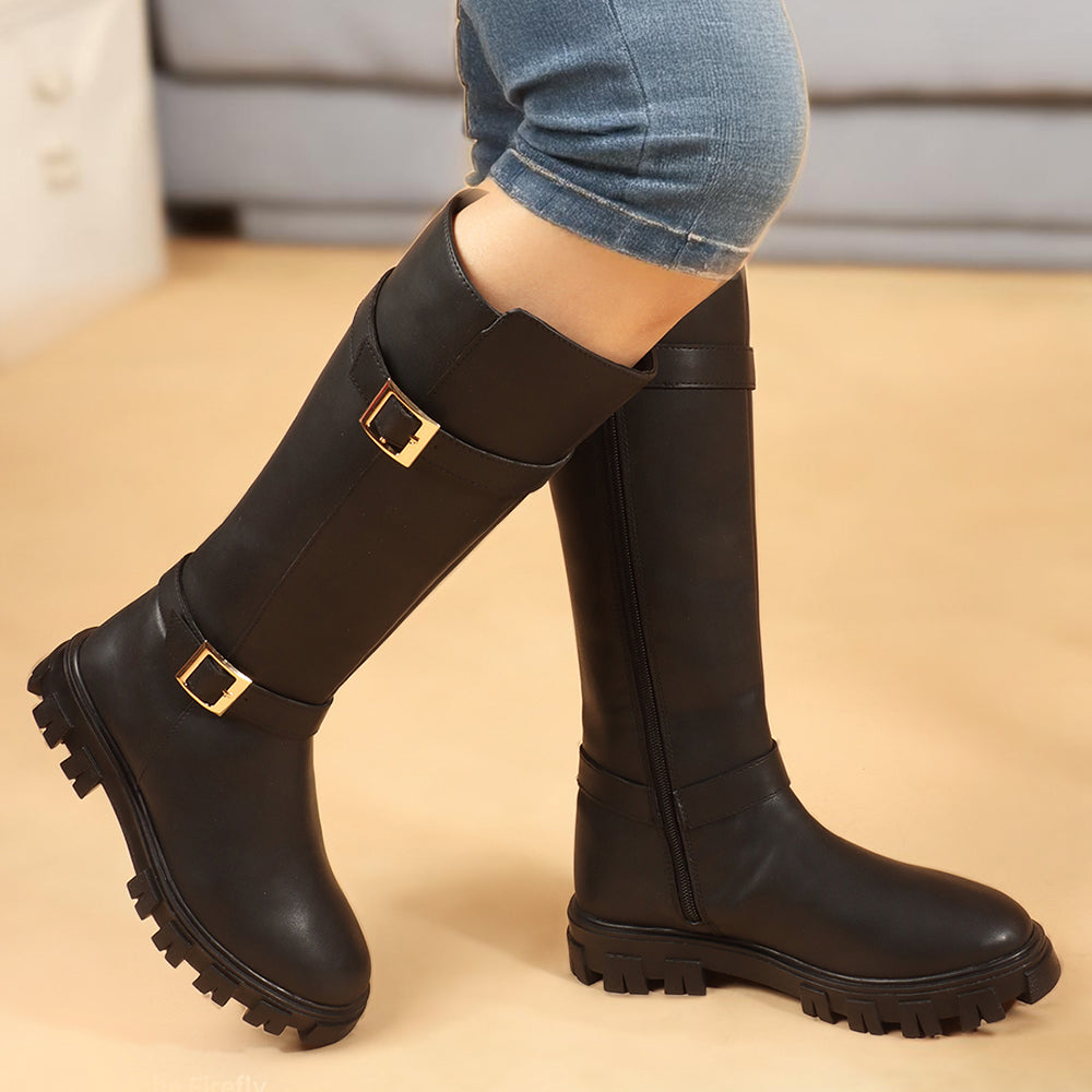Women Block-Heeled Buckle Detail Winter Long Boots