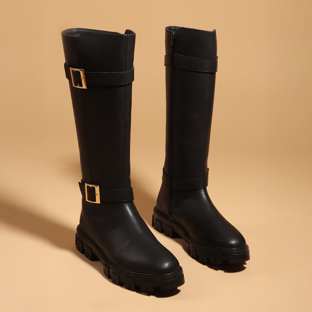 Women Block-Heeled Buckle Detail Winter Long Boots