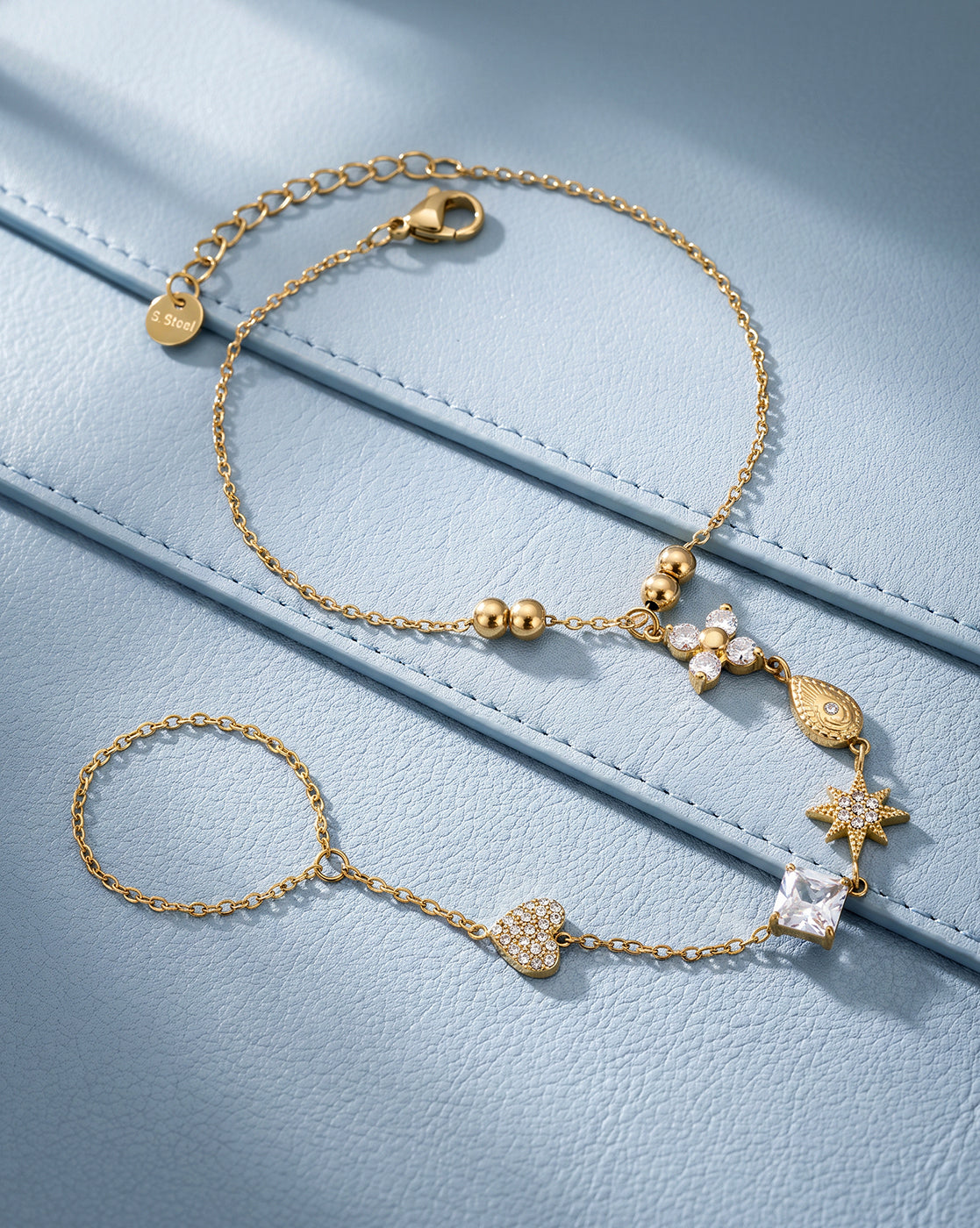 Premium Gold Plated CZ Studded Floral,Heart, Star,Tear Drop & Cushion Solitaire Hand Chain Bracelet