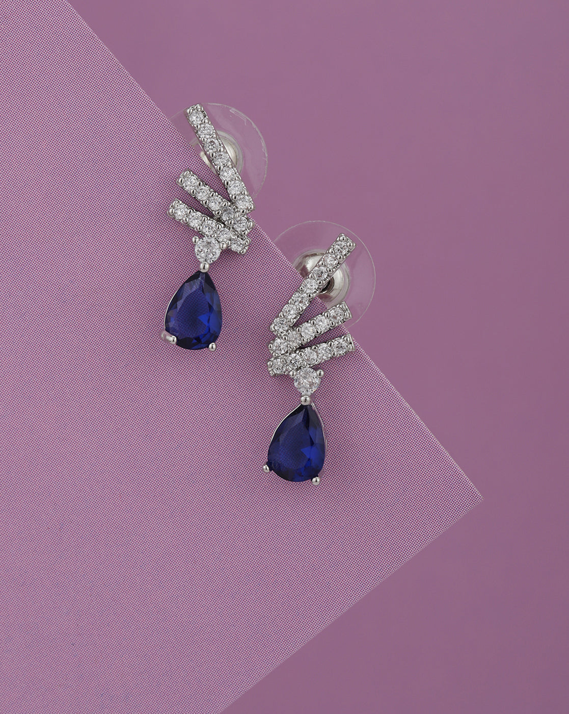 Silver Plated CZ Studded & Sapphire Blue Solitaire Dangling Earring