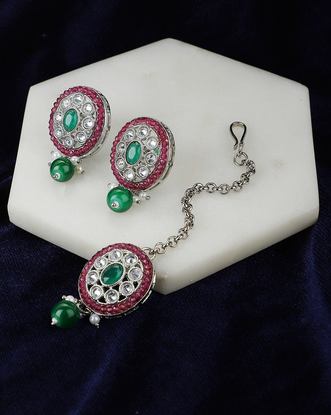 Silver Plated Emerald Green & Ruby Pink Stone Maang Tikaa and Earring Set