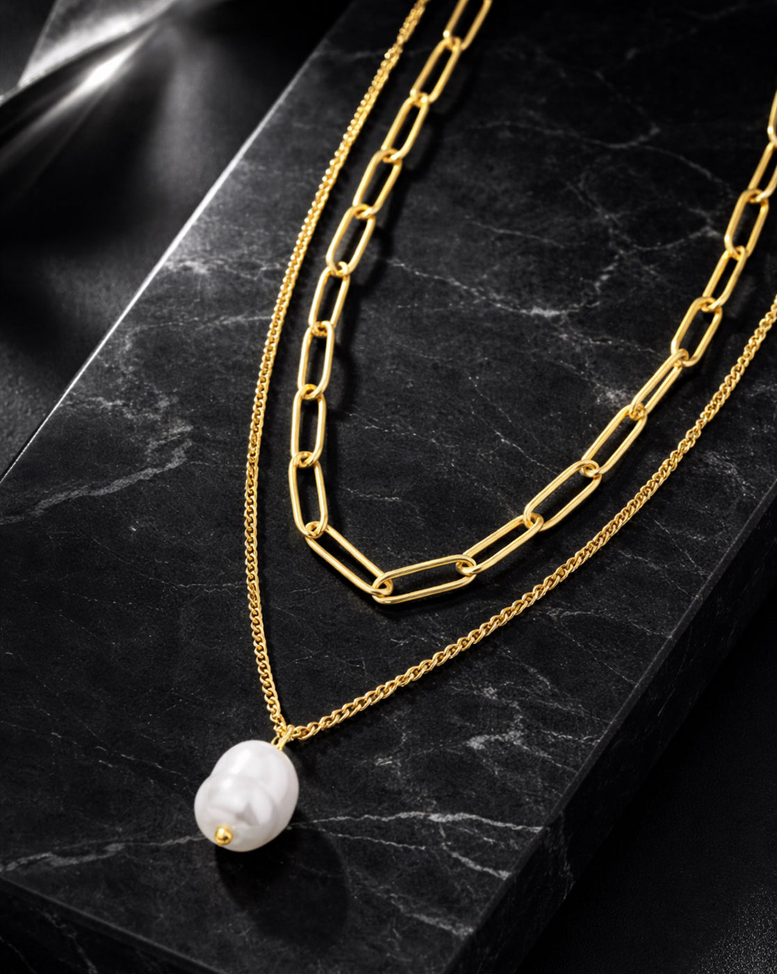Gold Plated Modern Dangling Organic Pearl & Paperclip Chain Layered Necklace