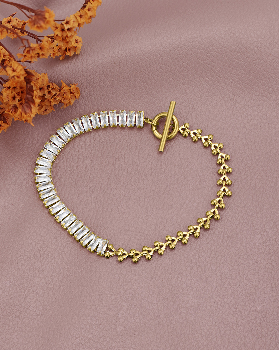Gold Plated Fancy Half-n-Half Baguette CZ & Fancy Link Chain Toggle Designer Bracelet