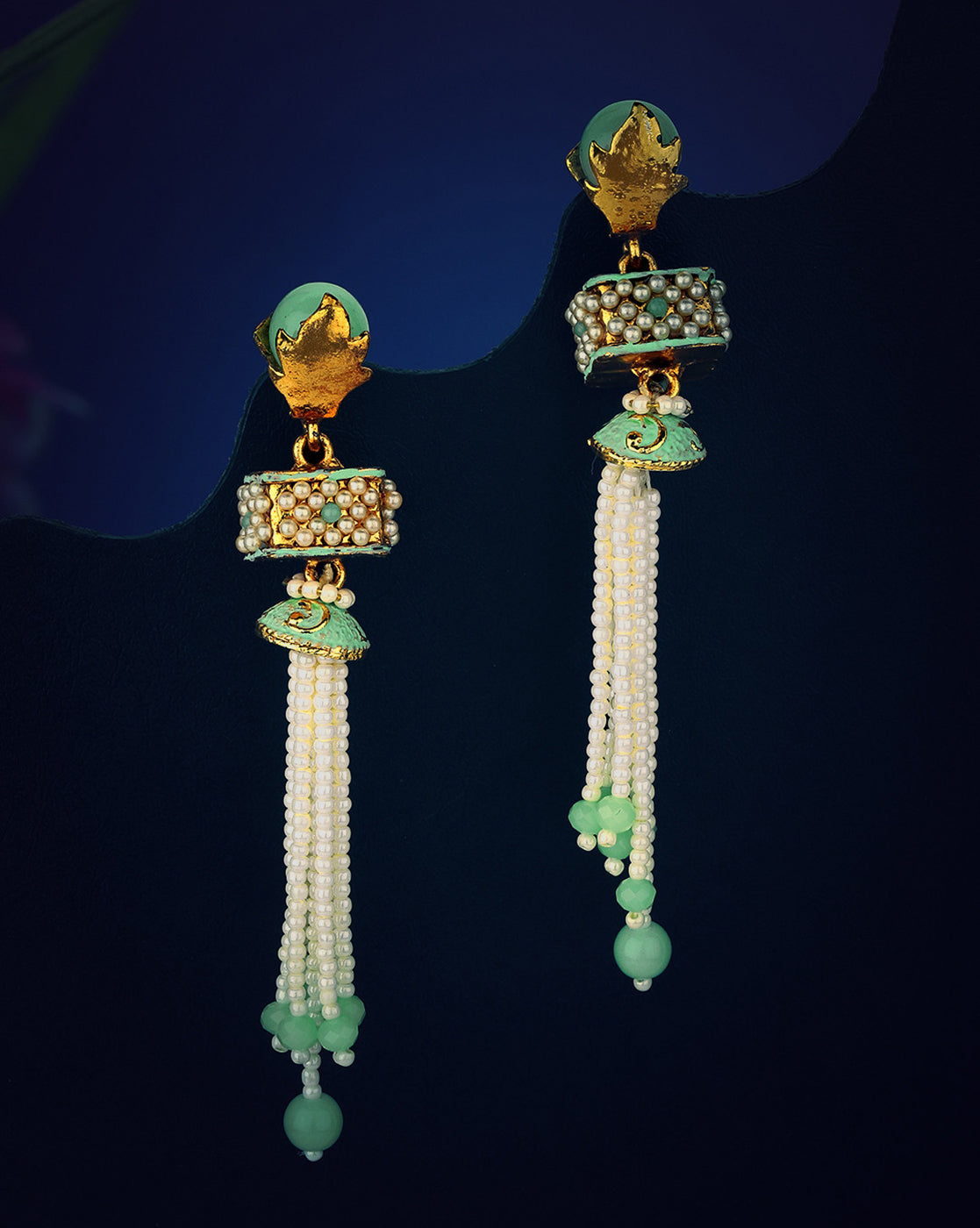 Gold Plated Enamel Green Stone & Pearl Tassel Drop Earring