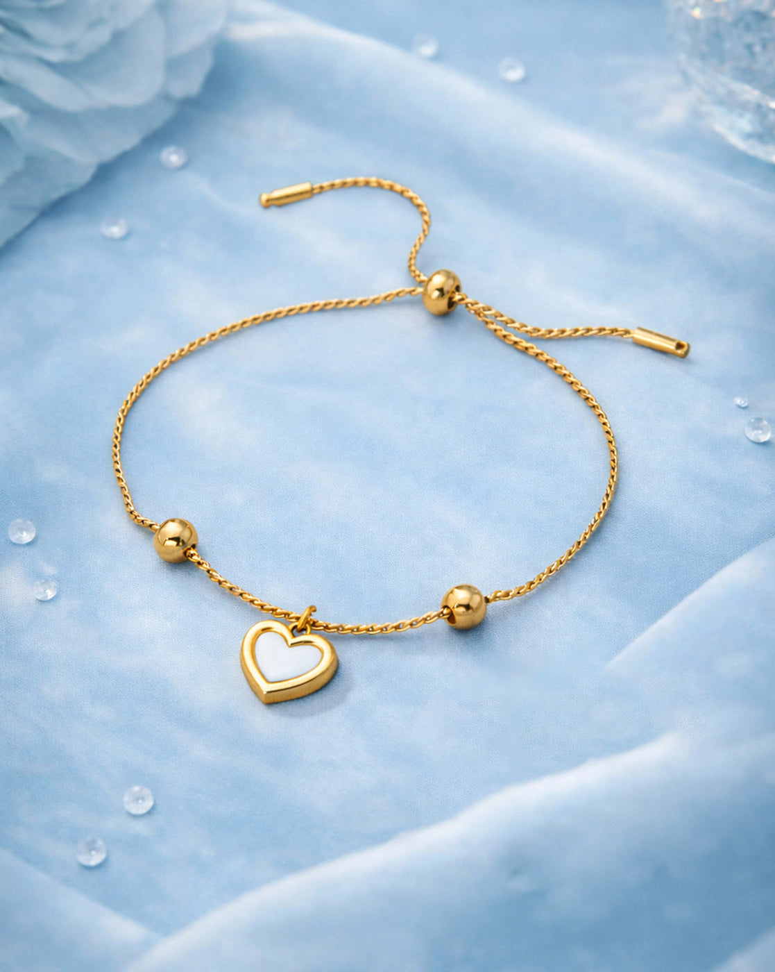 Double Sided Gold Plated Heart & Faux Pearl Reversible Charm Adjustable Bracelet