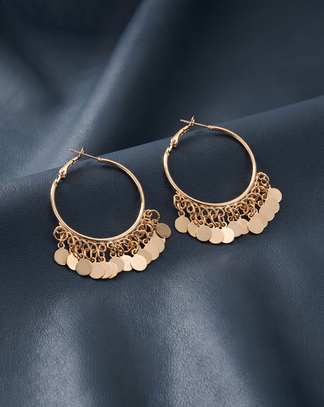 Gold Plated Dangling Boho Coin Fringe Bold Hoop Earring