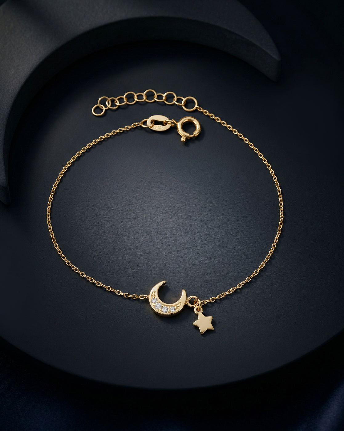 925 Sterling Silver 18kt Gold Plated CZ Moon and Star Charm Bracelet