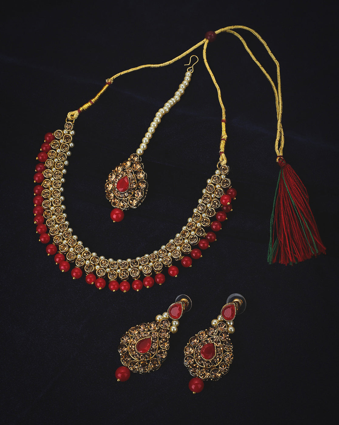 Gold Plated CZ, Pearl & Red Beaded Necklace, Earrings & Maang Tika Set
