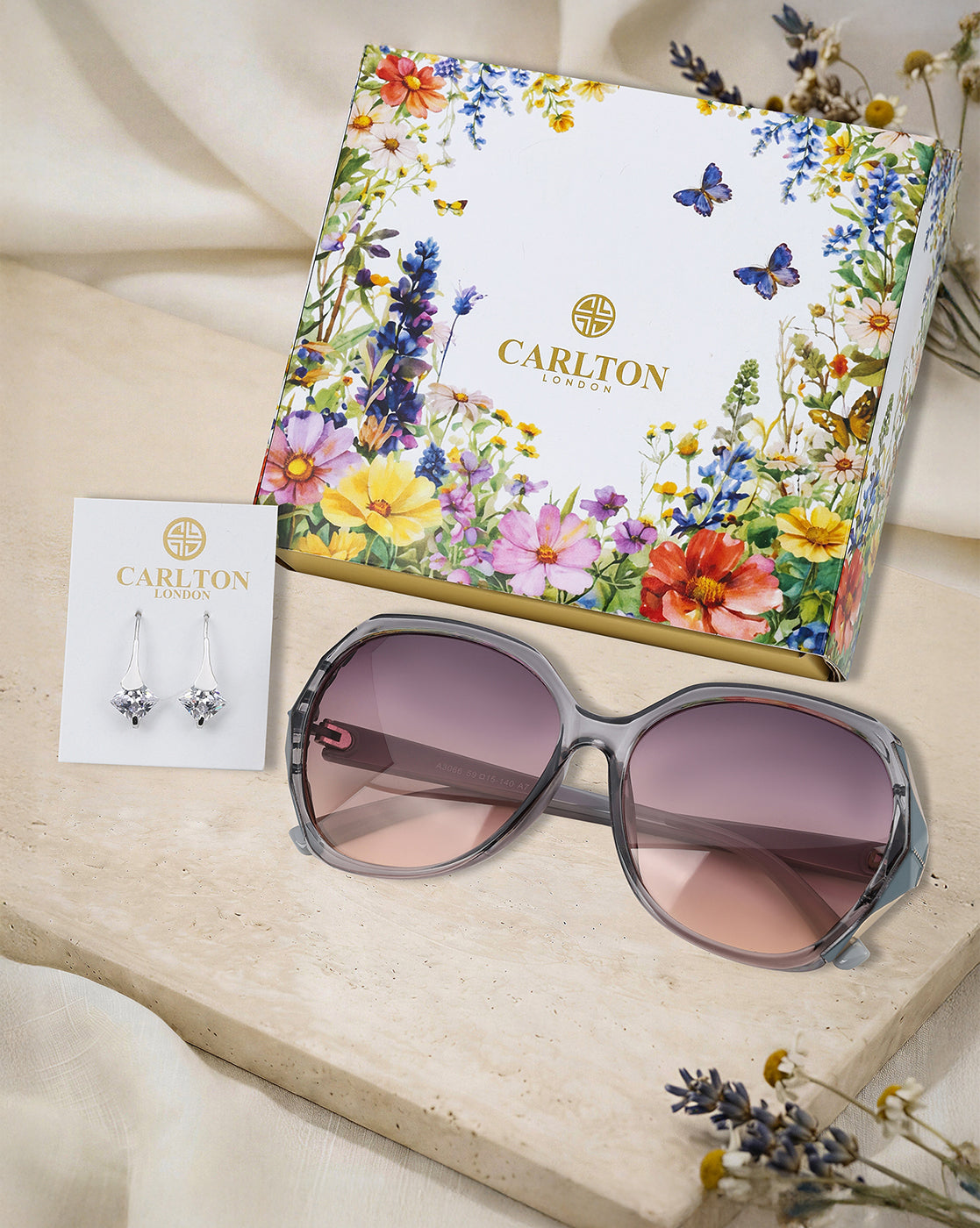 Women Grey Toned UV Protected Sunglasses & Rhodium Plated Solitaire Drop Earring Set