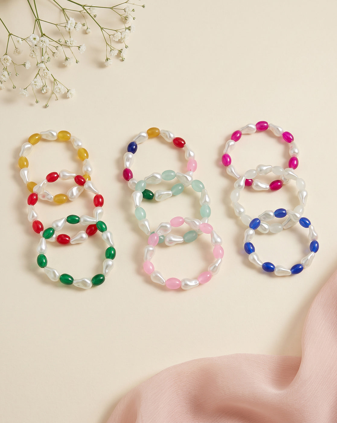 Set of 9 Multi Coloured Bead & Pearl Stretchable Bracelet for Girl