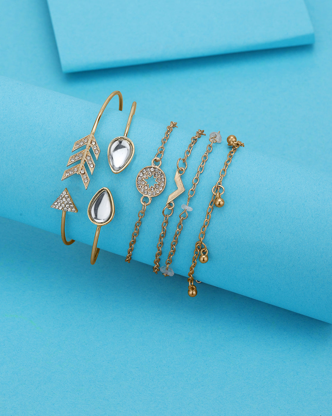 Set of 6 Rose Gold Plated CZ Studded Textured Trendy Adjustable & Cuff Bracelet Multipack Set