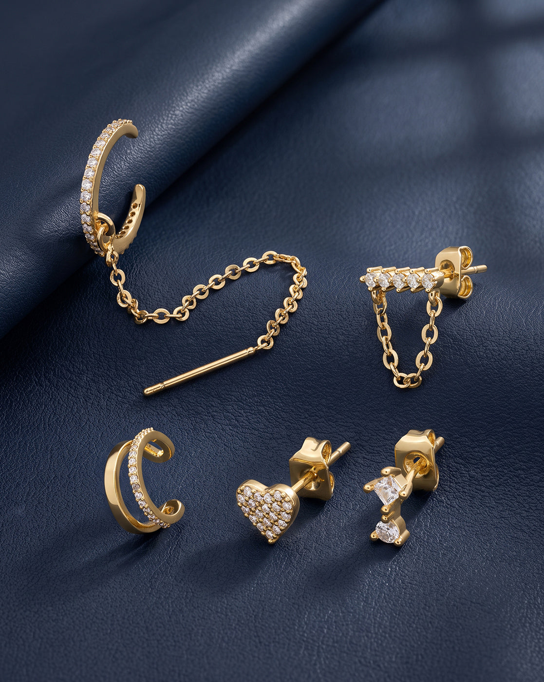 Set of Gold Plated Contemporary CZ Studded Heart, Cuff & Ear Piercing Set