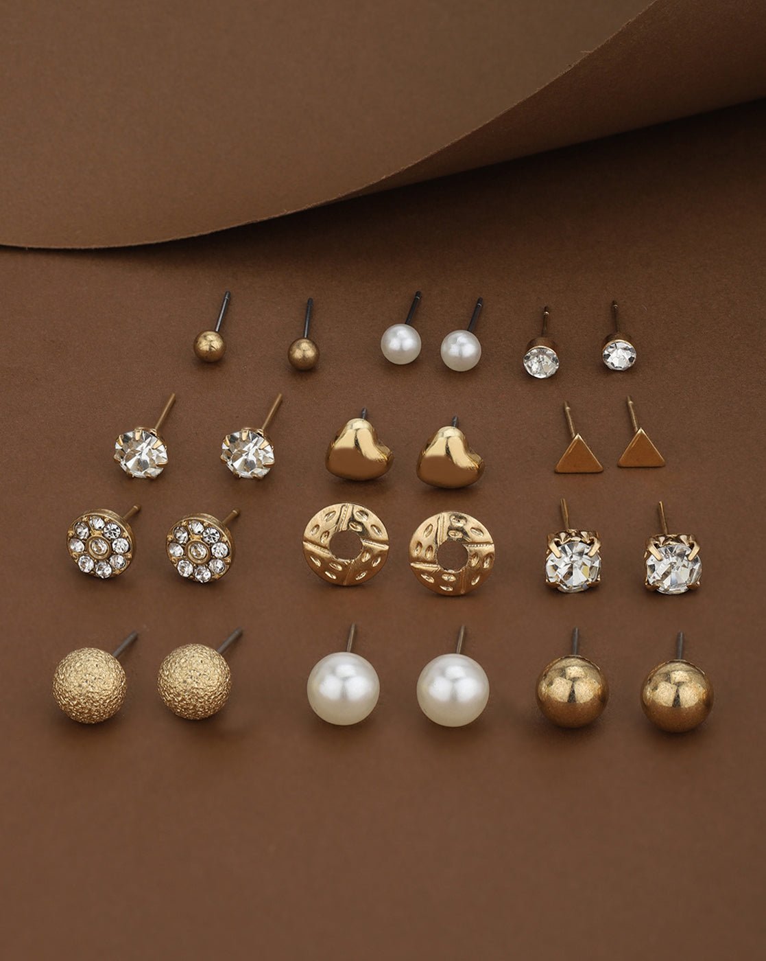 Multipack Set of 12 Gold Plated CZ Studded, Textured, Pearl & Triangular Stud Earrings