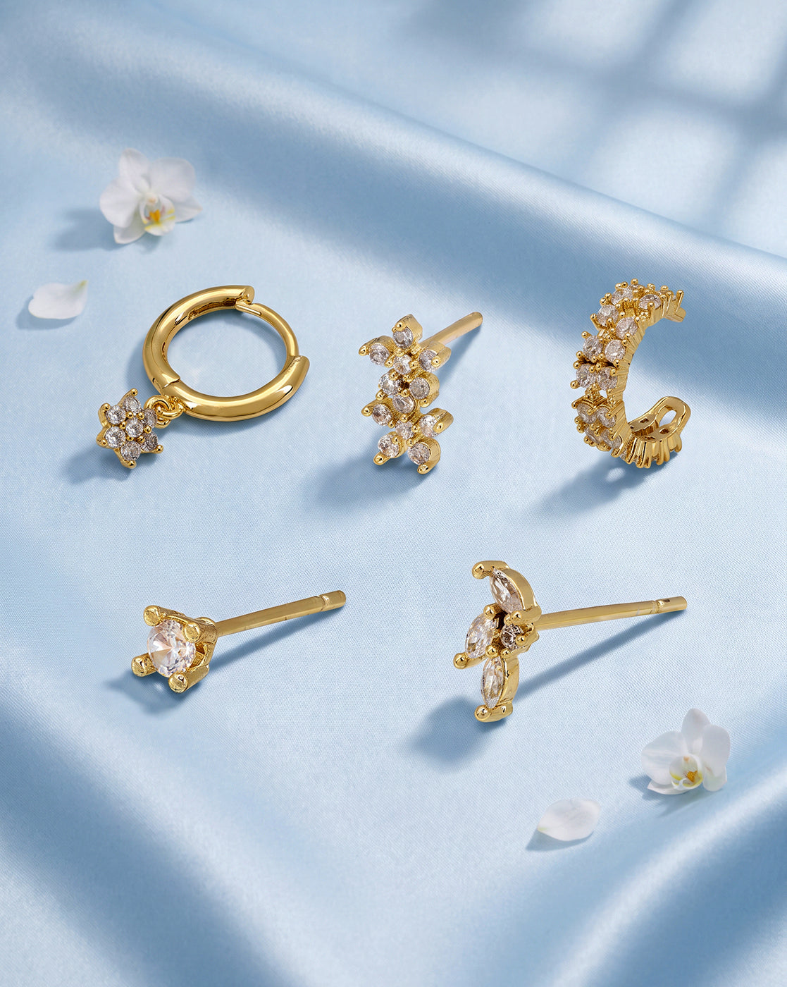 Gold Plated Designer Stud, Cuff & Mini Hoop with CZ Piercing Set