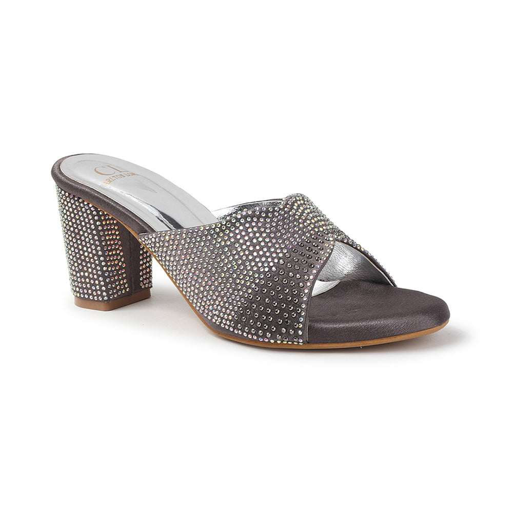 Women Lridescent Gem Embellished Block Heel Sandals