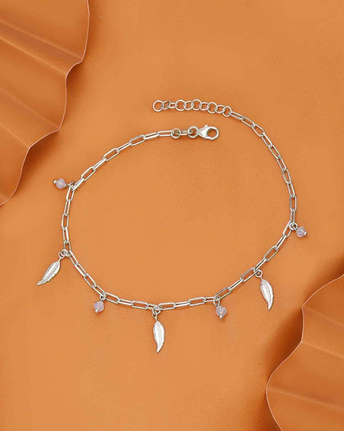 Rhodium Plated Dainty Leaf & Crystal Charm with Paperclip Adjustable Chain Anklet