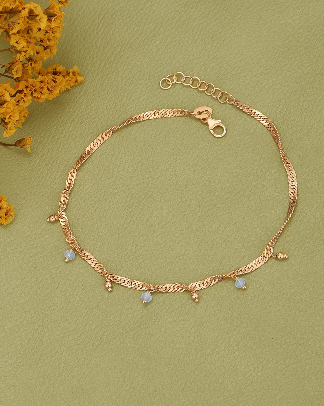 18kt Rose Gold Plated Dangling Bead Charm Accents with Singapore Chain Adjustable Anklet