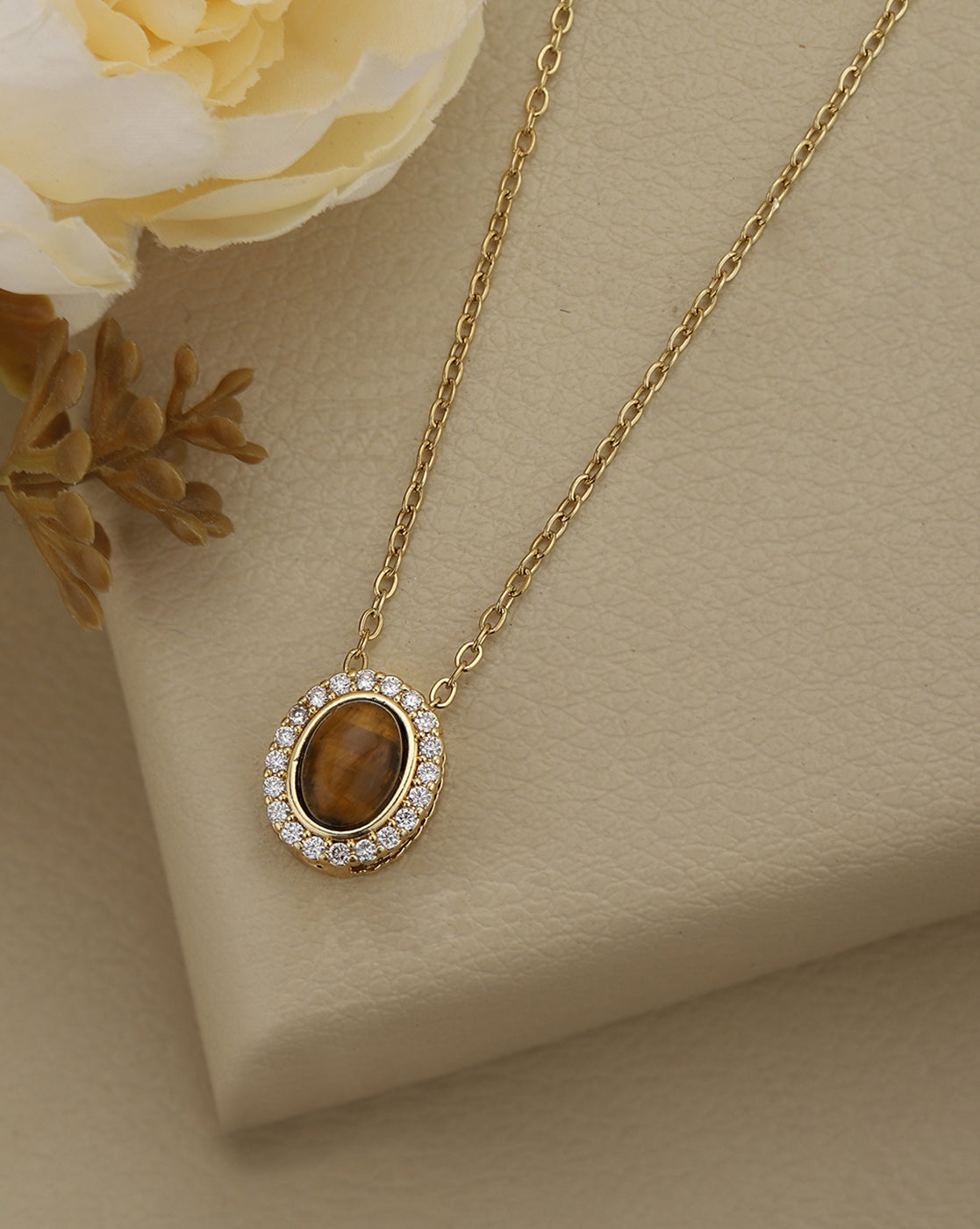 Gold Plated Modern Tiger Eye & CZ Halo Studded Necklace