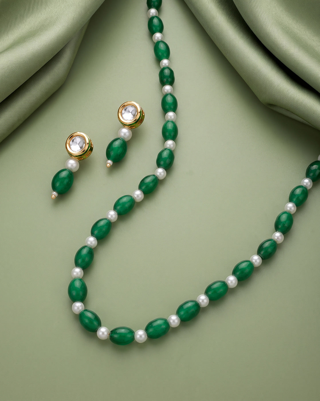 Gold Plated Emerald Green & Pearl Beaded and CZ Jewellery Set