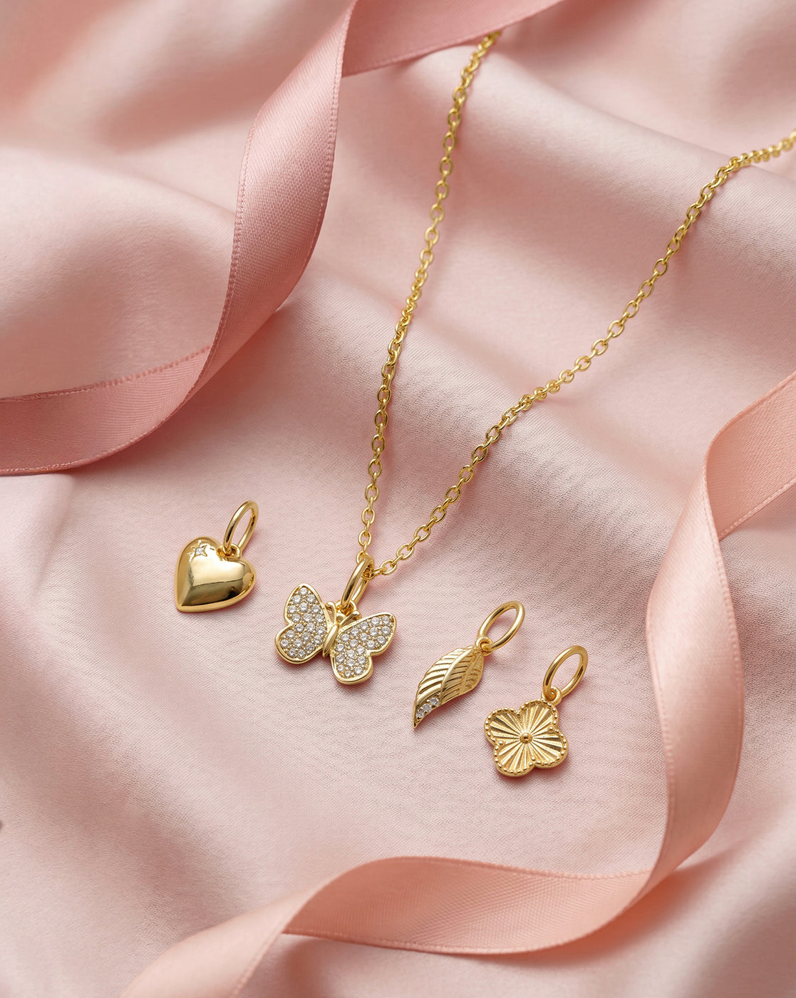 18kt Gold Plated CZ 4-Clover, Heart, Butterfly & Leaf Interchangeable pendant with Chain Necklace
