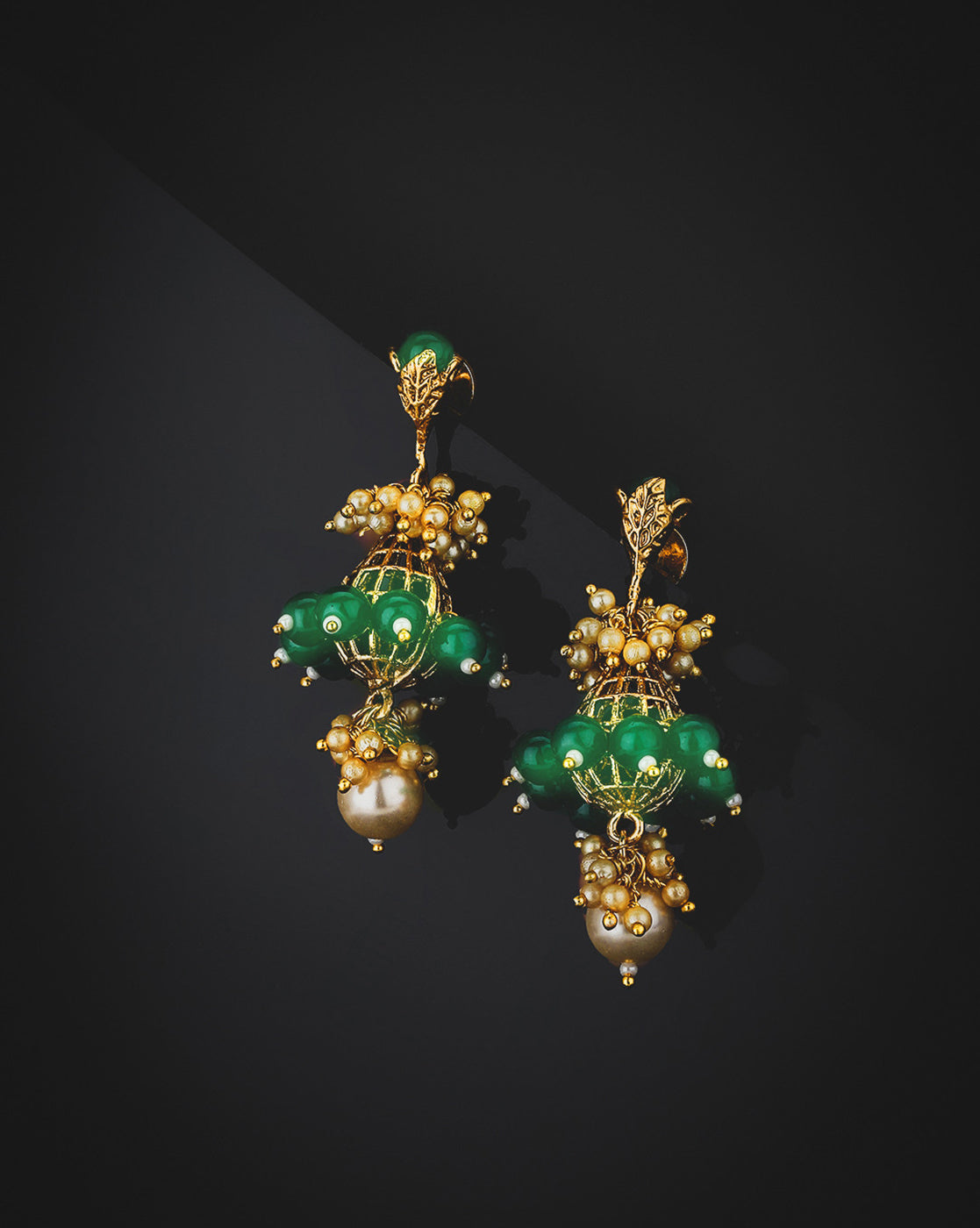 Gold Plated Ethnic Statement Earrings with Pearl & Green Beads