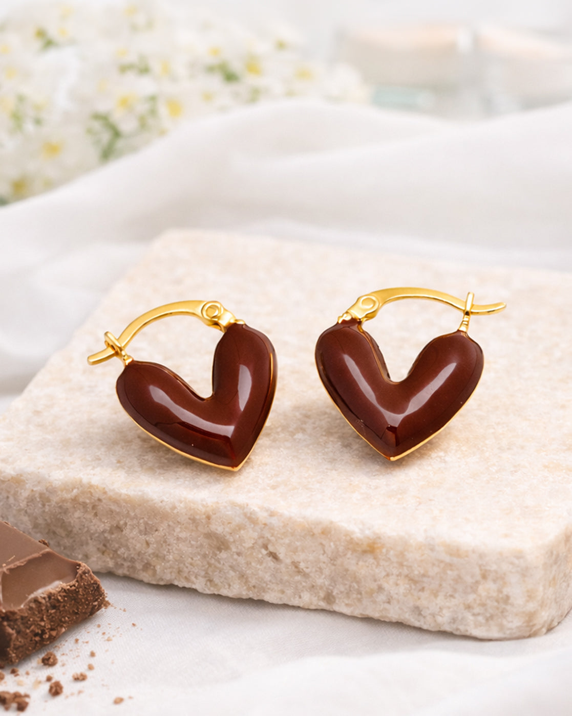 18k Gold-Plated Brown Enamel Heart Hoop Earrings