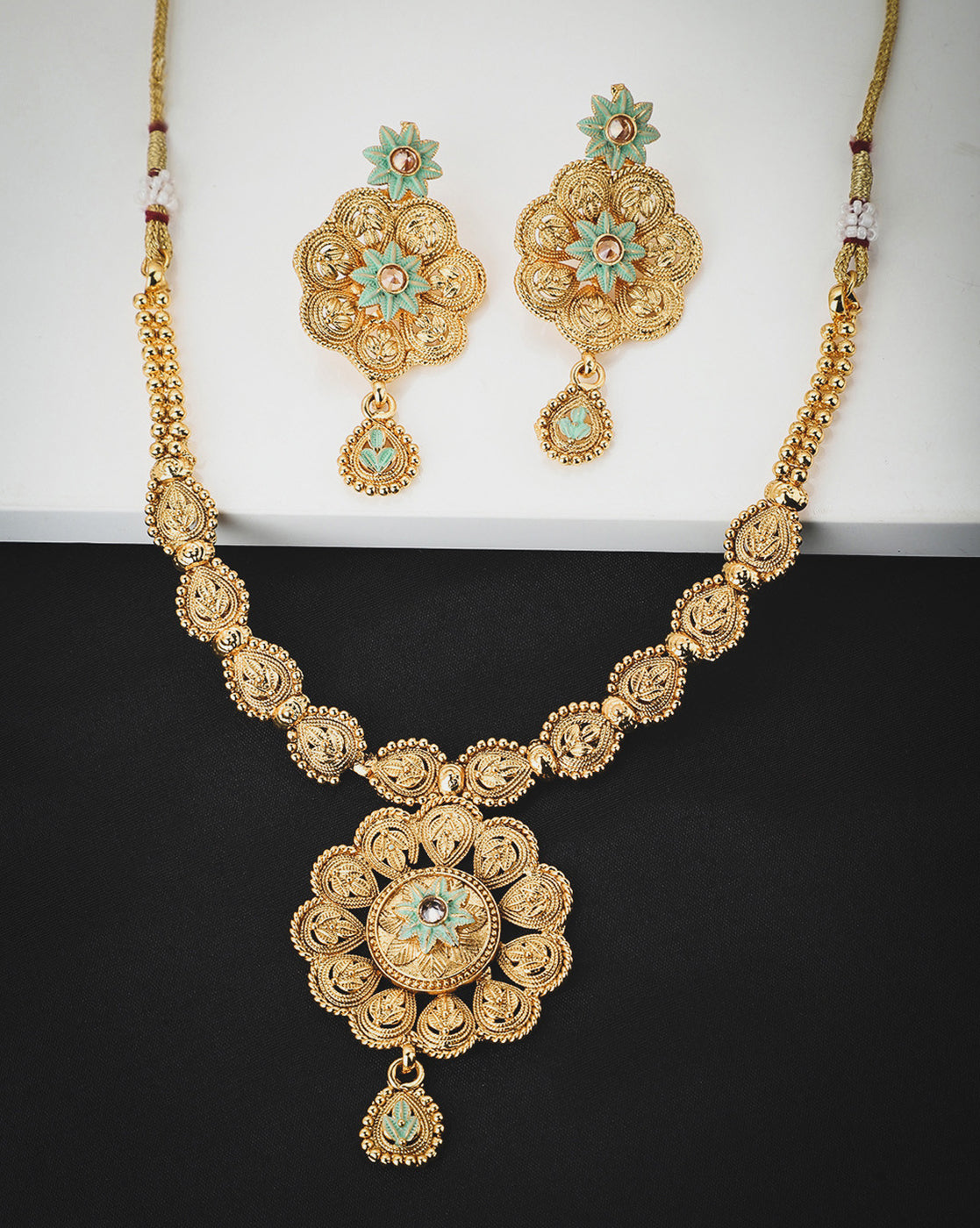 Gold Plated Traditional Enamel Floral Necklace & Earrings Set