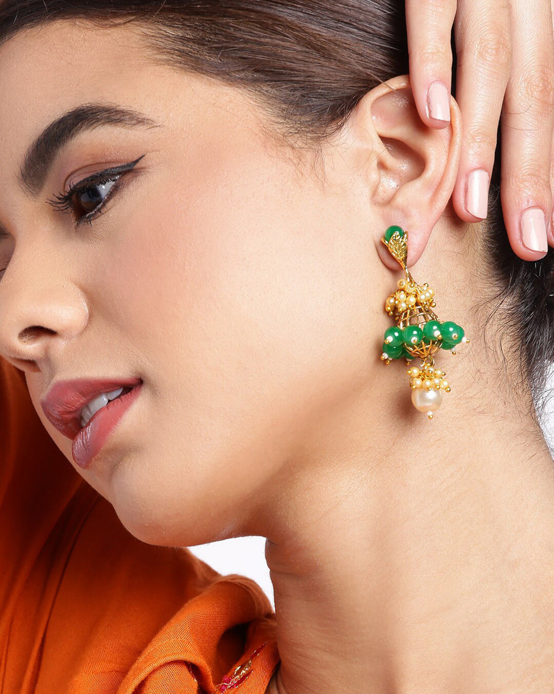 Gold Plated Ethnic Statement Earrings with Pearl & Green Beads