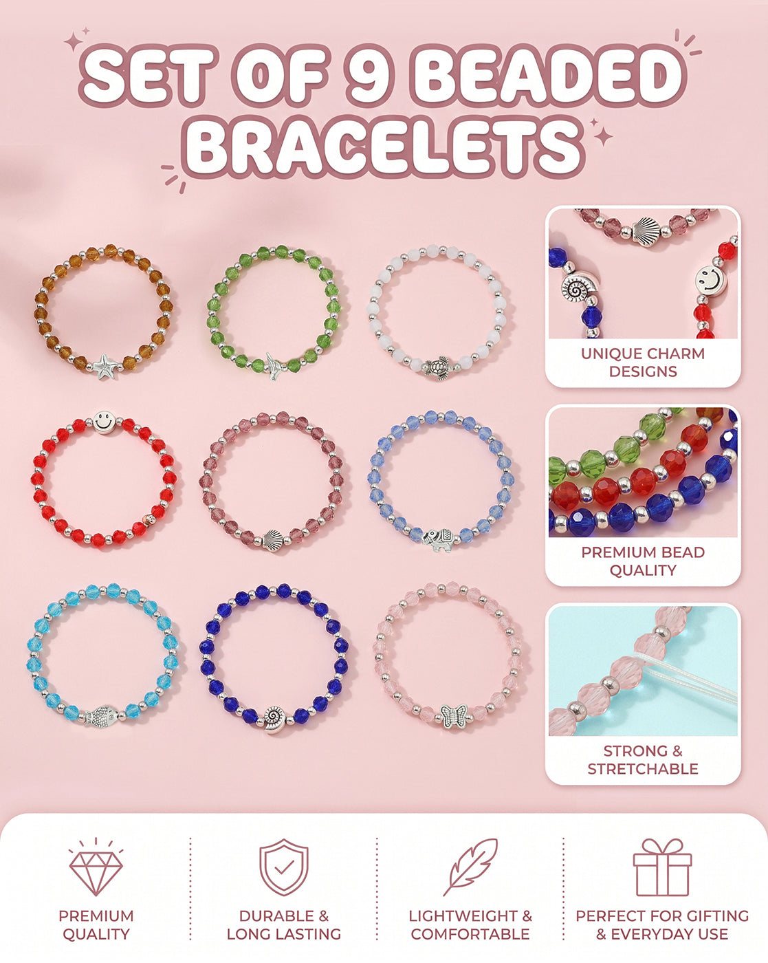Set of 9 Coloured Bead & Silver Plated Butterfly-Tortoise-Star-Elephant-Smiley-Bird-Butterfly Charm Bracelet for Girl