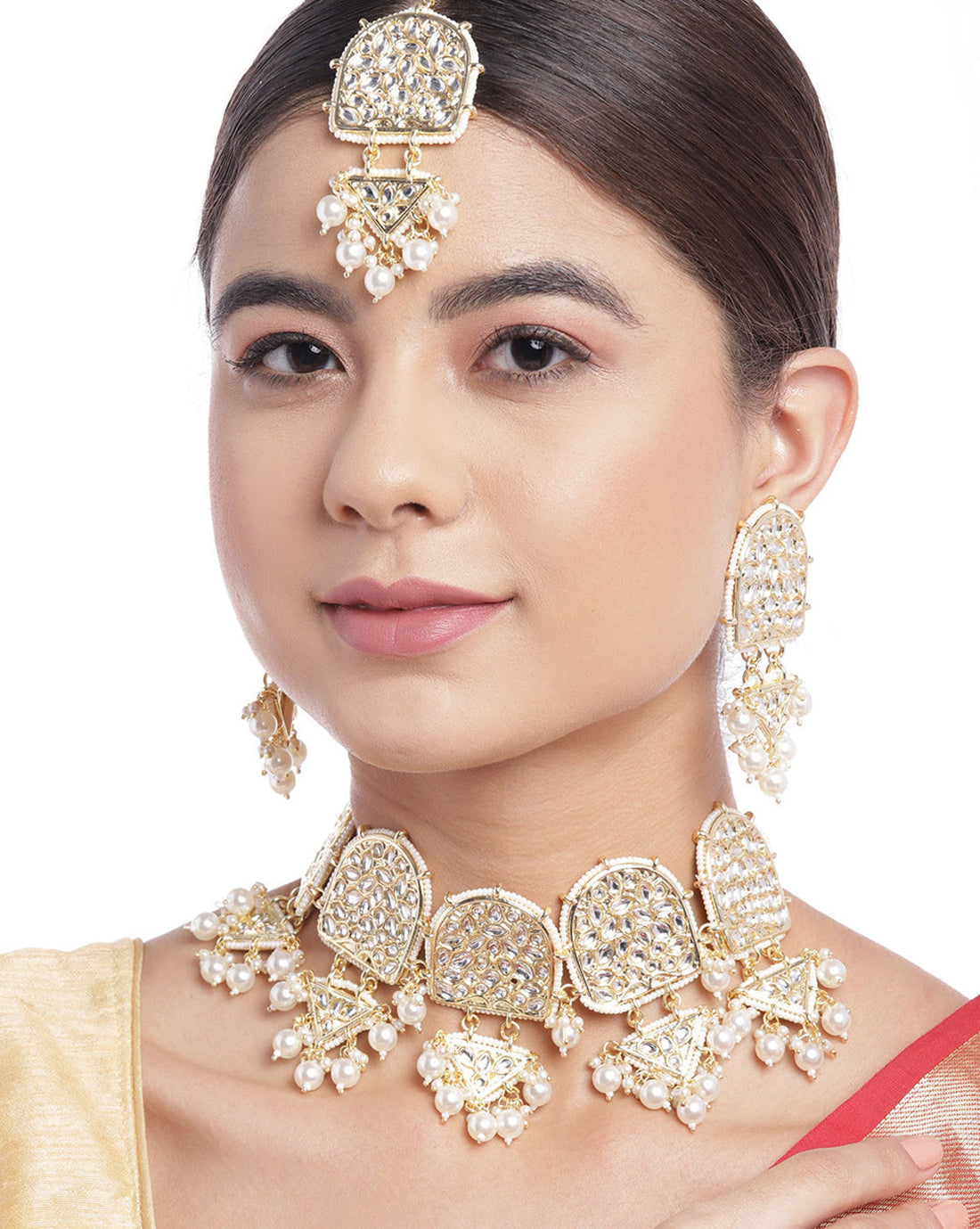 Gold-Plated Kundan Pearl Choker, Earrings & Maang Tika Set