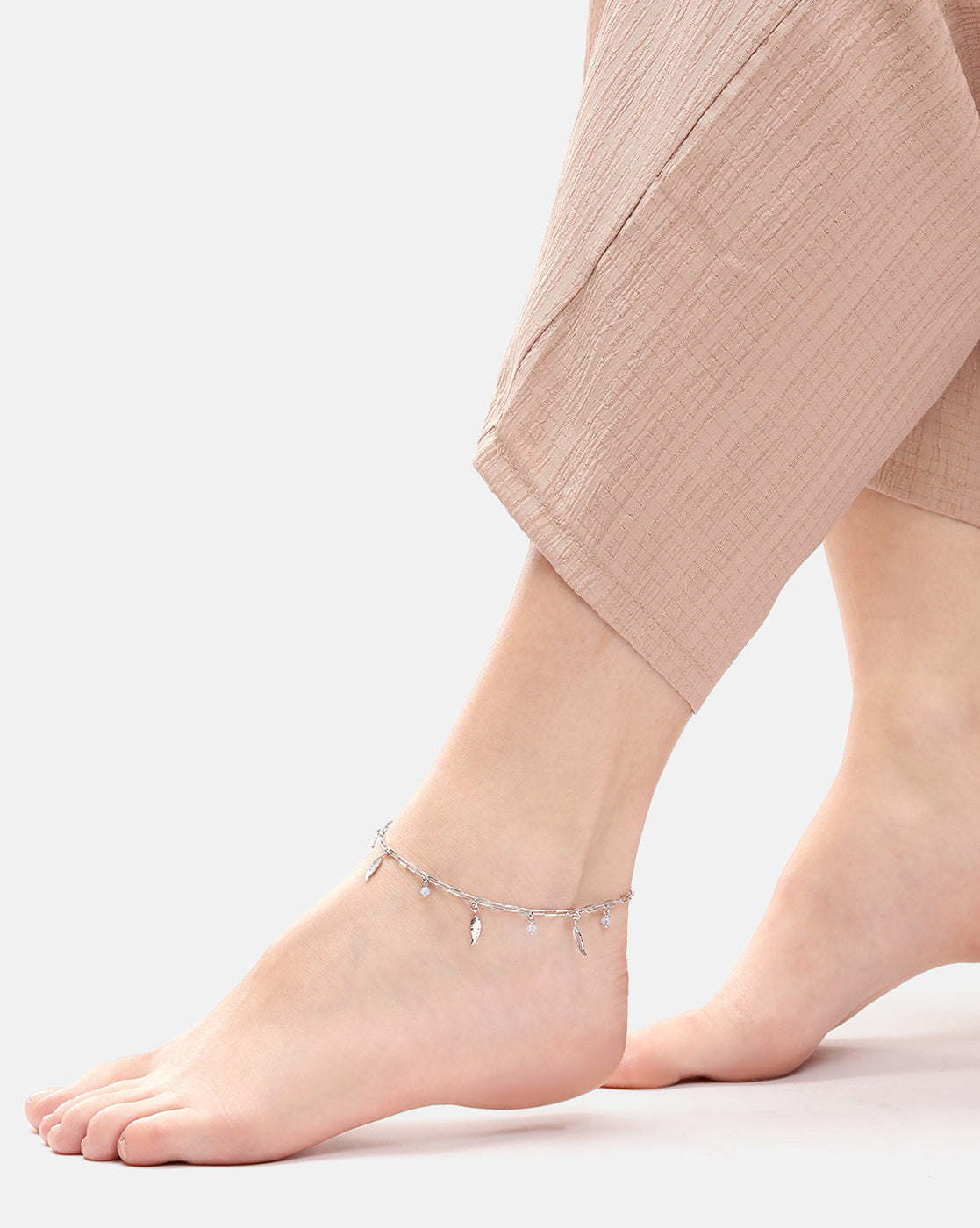 Rhodium Plated Dainty Leaf & Crystal Charm with Paperclip Adjustable Chain Anklet