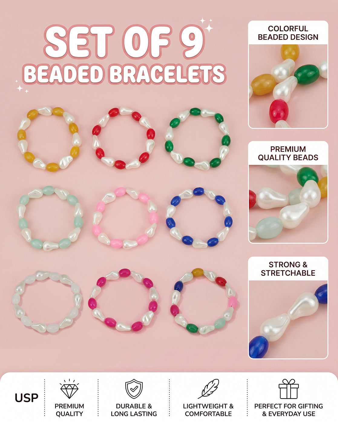 Set of 9 Multi Coloured Bead & Pearl Stretchable Bracelet for Girl