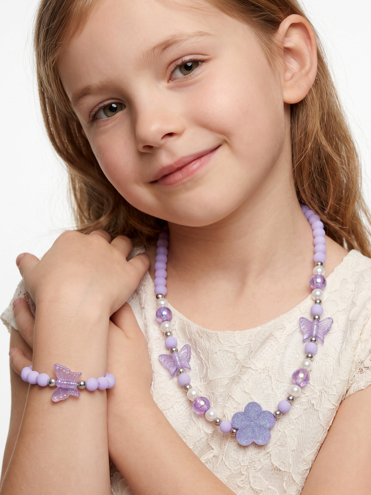 Butterfly and Flower Jewellery set with Lilac Beads for Girls