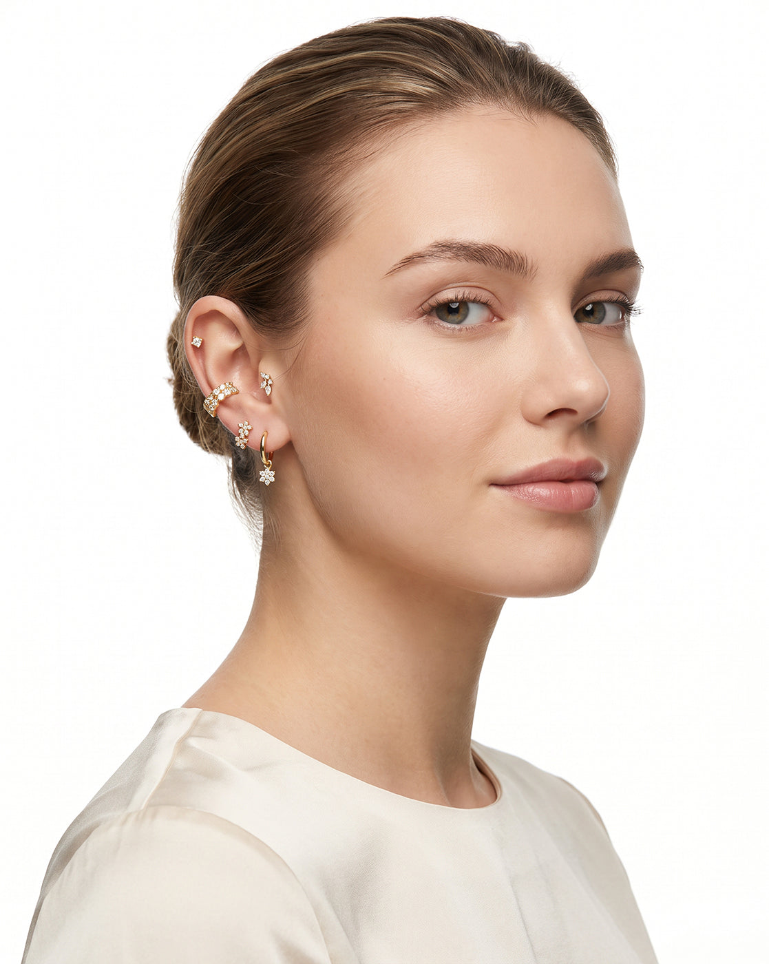 Gold Plated Designer Stud, Cuff & Mini Hoop with CZ Piercing Set