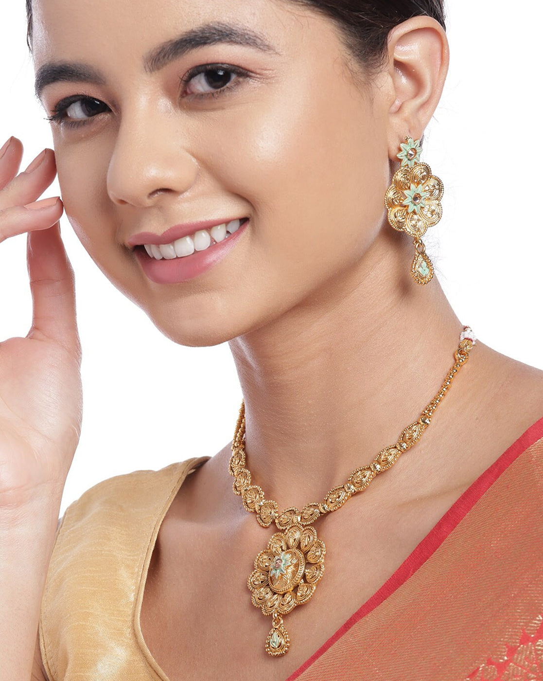 Gold Plated Traditional Enamel Floral Necklace & Earrings Set