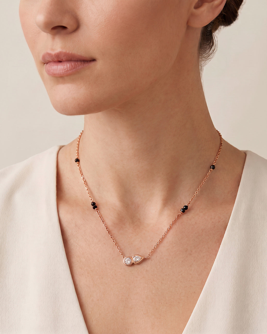 925 Sterling Silver 18kt Rose Gold Plated Natural Black bead and Solitaire Toi-Moi Mangalsutra