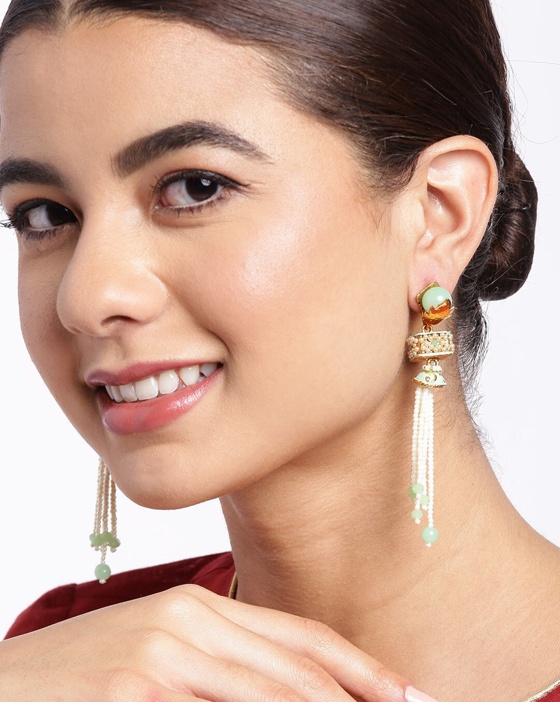 Gold Plated Enamel Green Stone & Pearl Tassel Drop Earring