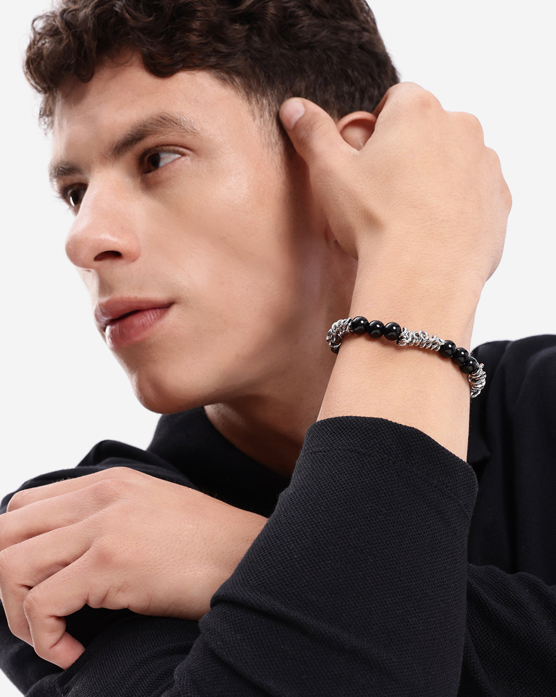 Men Silver Plate Black Onyx Bead Adjustable Bracelet