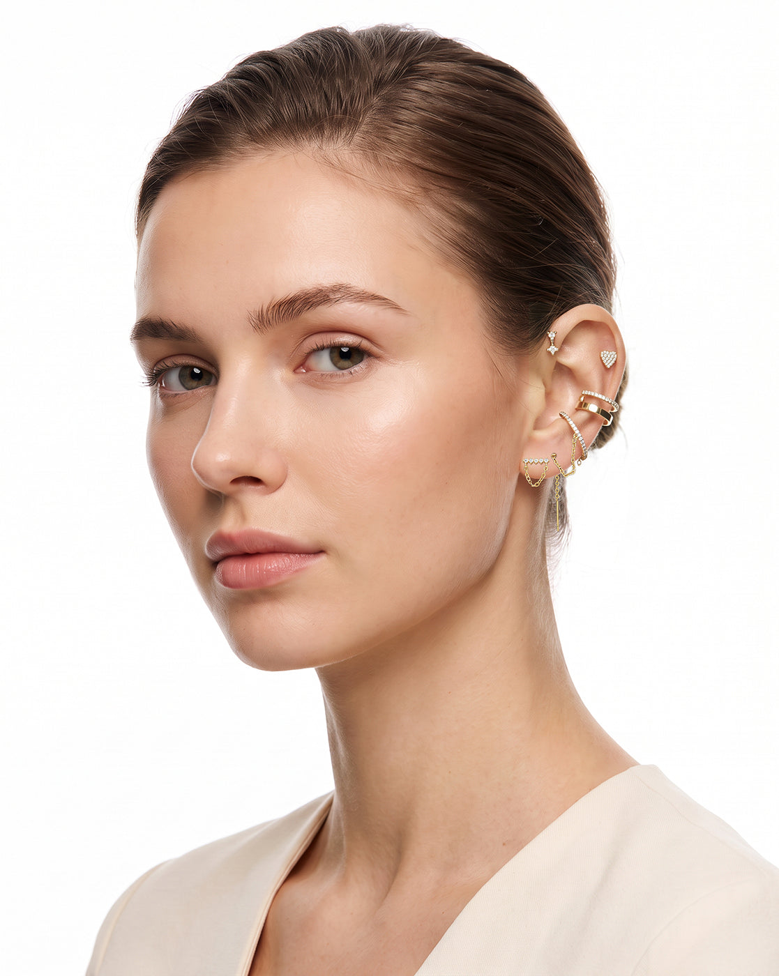 Set of Gold Plated Contemporary CZ Studded Heart, Cuff & Ear Piercing Set