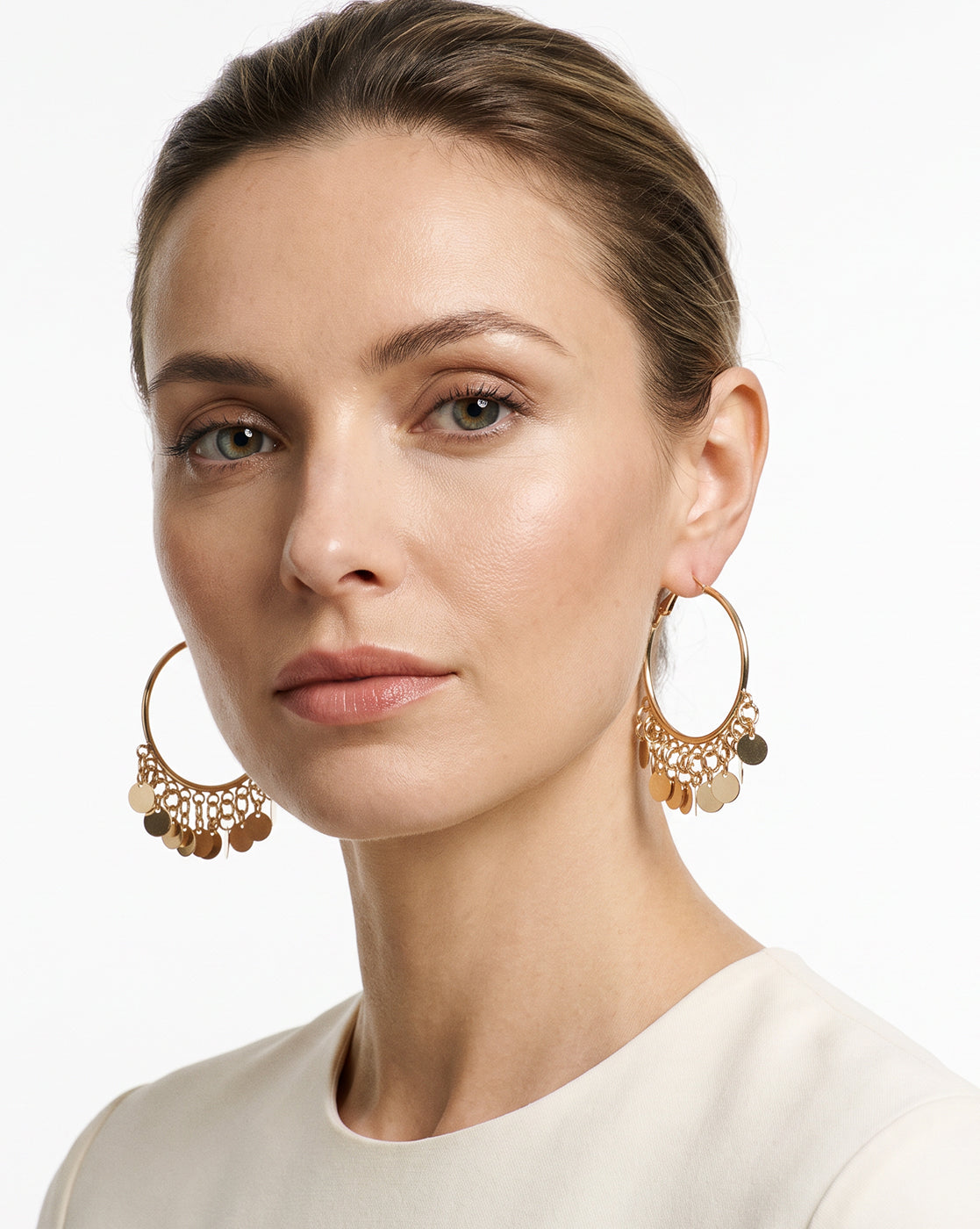 Gold Plated Dangling Boho Coin Fringe Bold Hoop Earring