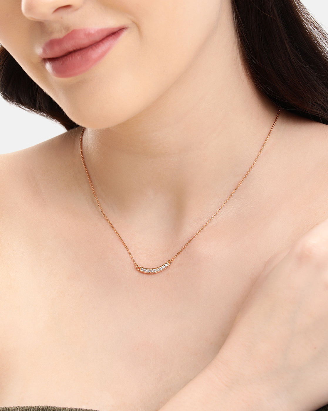 18KT Rose Gold Plated Dainty Curved CZ Studded Bar Necklace