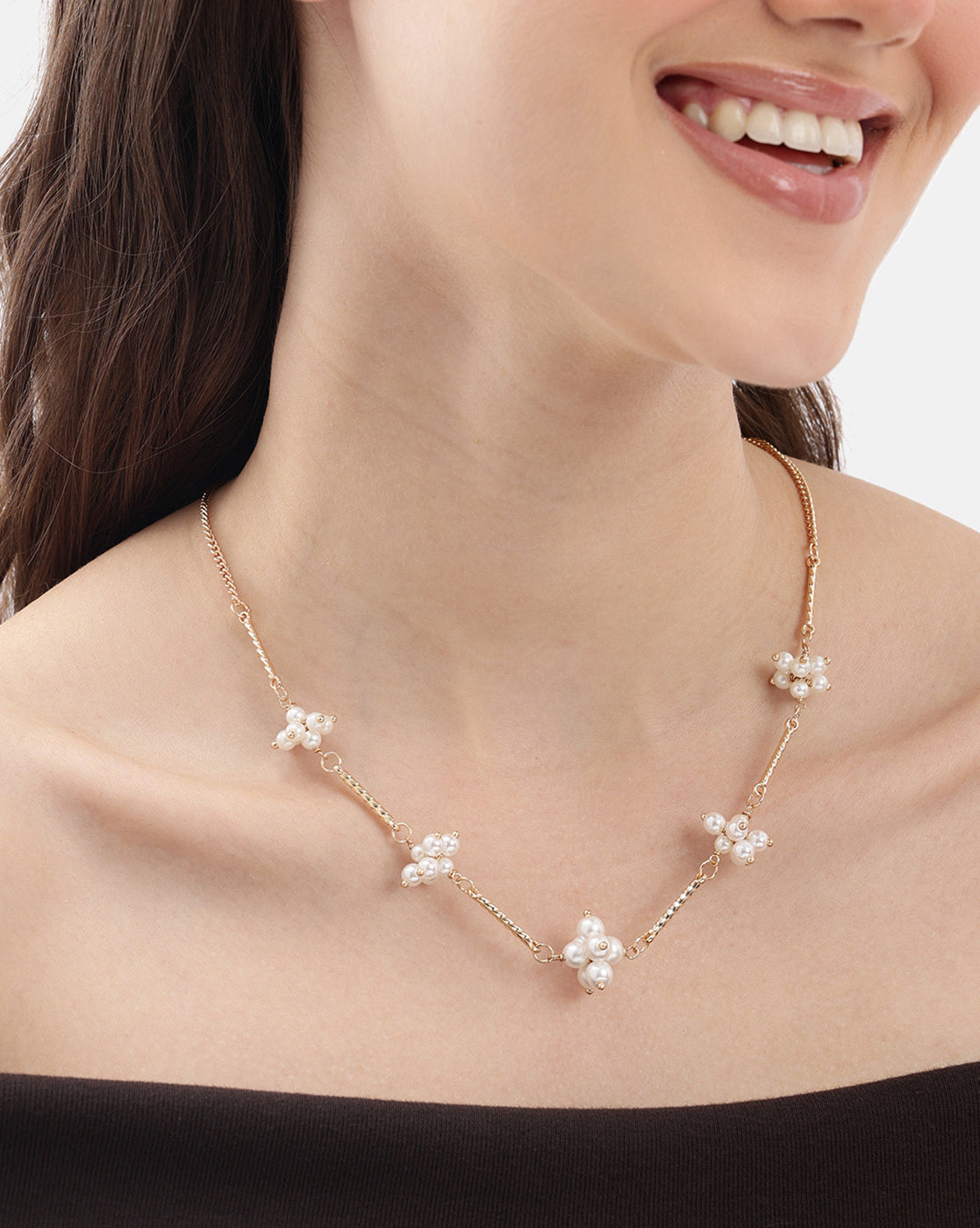 Gold Plated Bar & Pearl Beaded Necklace