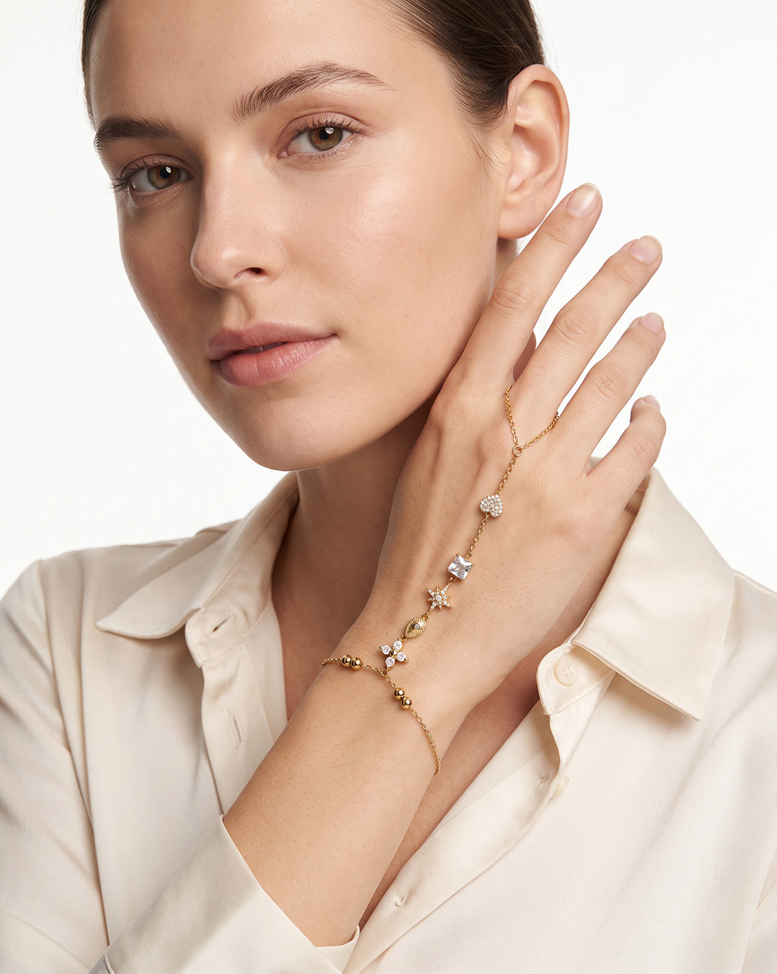 Premium Gold Plated CZ Studded Floral,Heart, Star,Tear Drop & Cushion Solitaire Hand Chain Bracelet