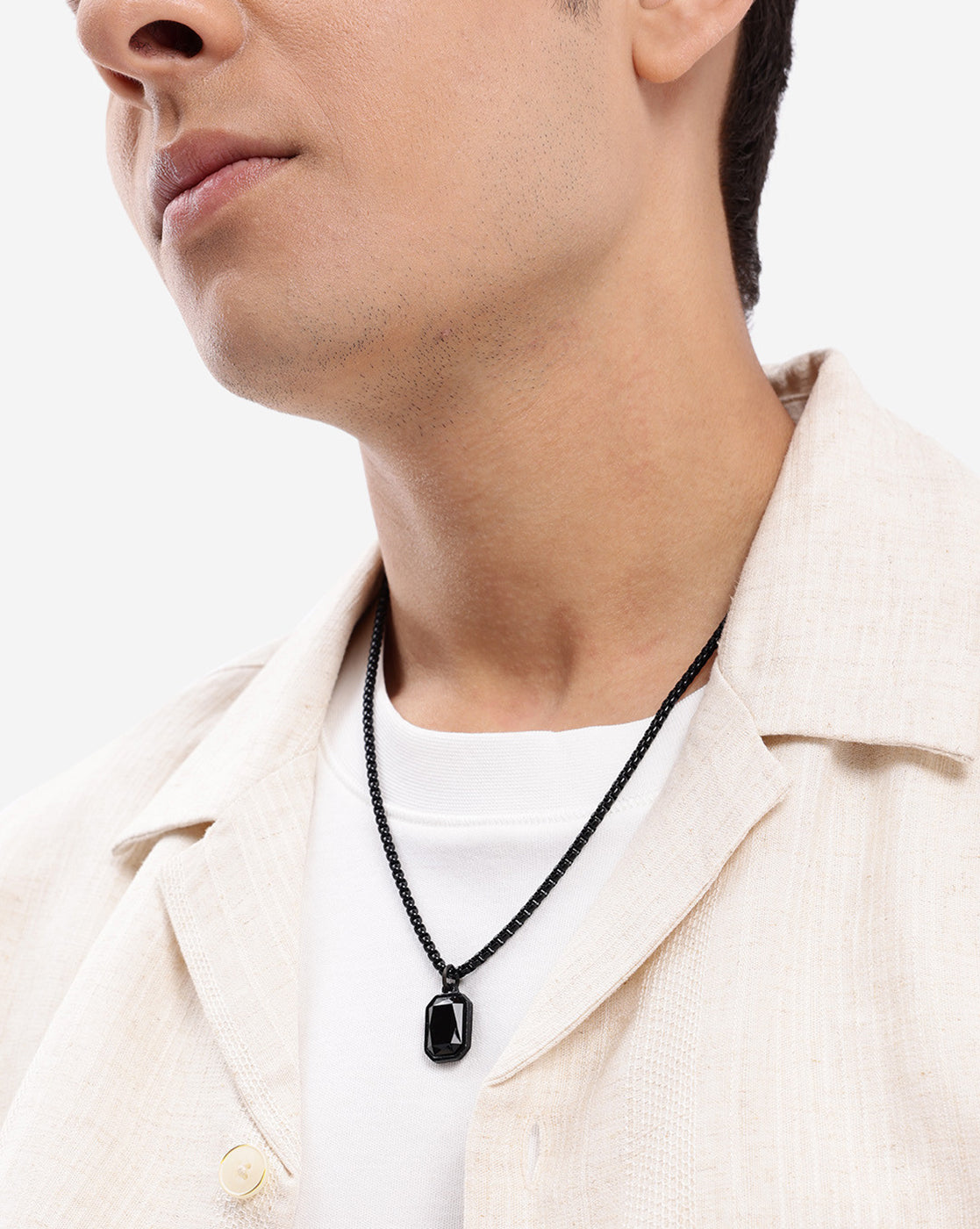 Men Stainless Steel in Black Toned Box Chain & Stone Octagon Pendant