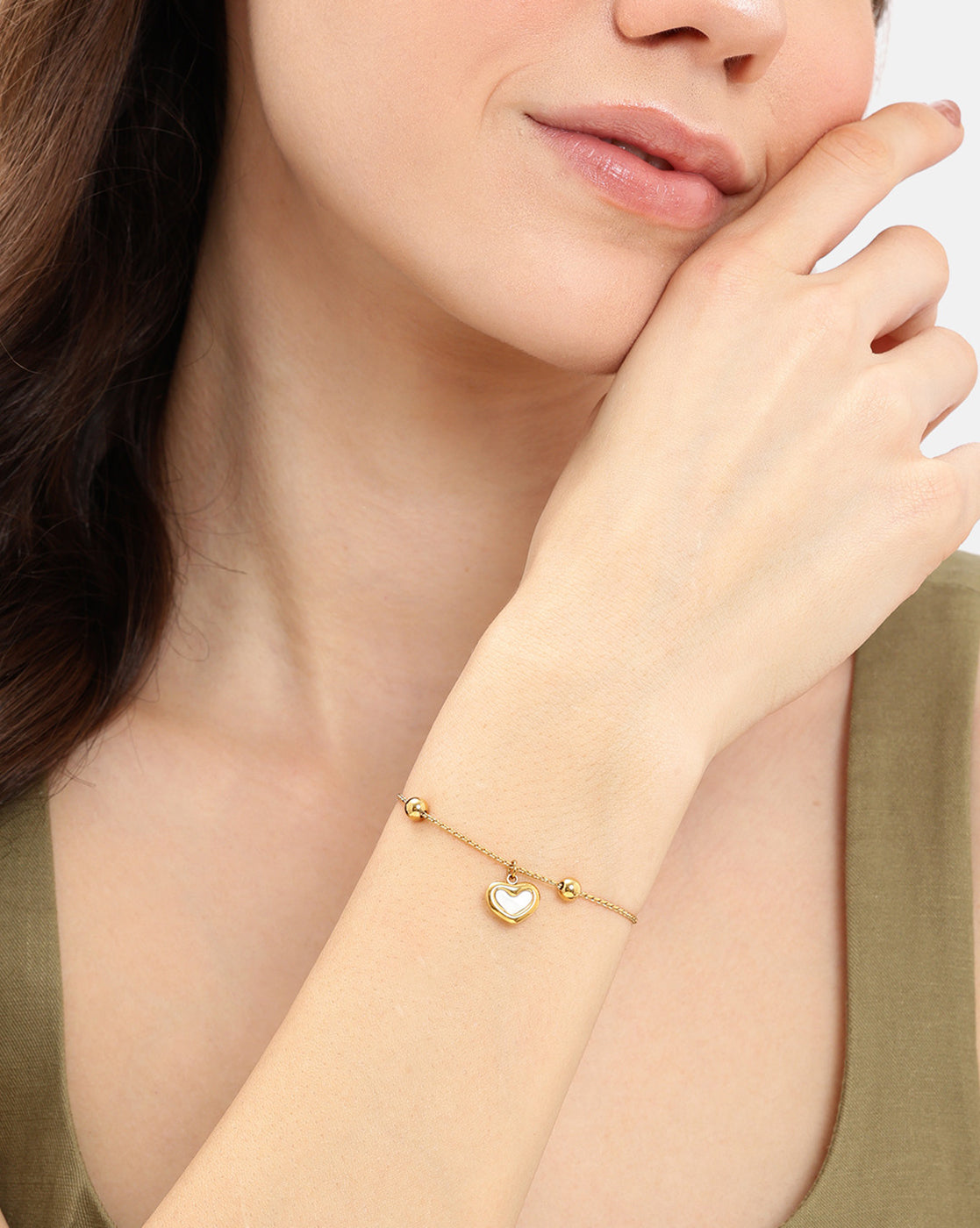 Double Sided Gold Plated Heart & Faux Pearl Reversible Charm Adjustable Bracelet