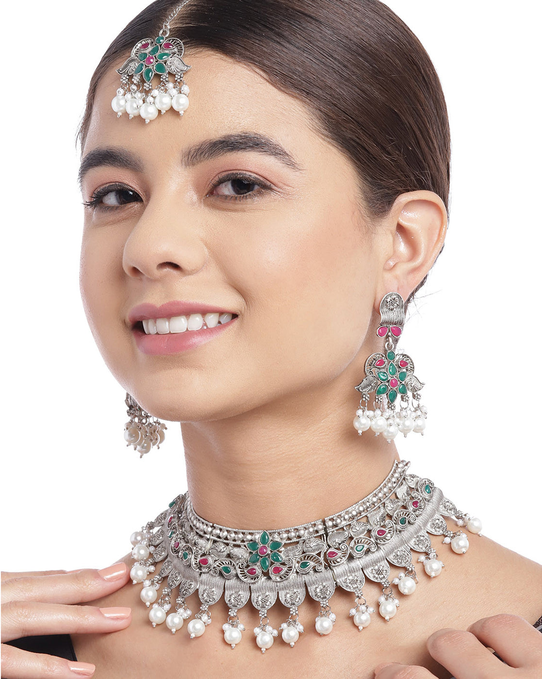 Silver Plated Oxidised Pearl & Red Green Stone Studded Jewellery Set