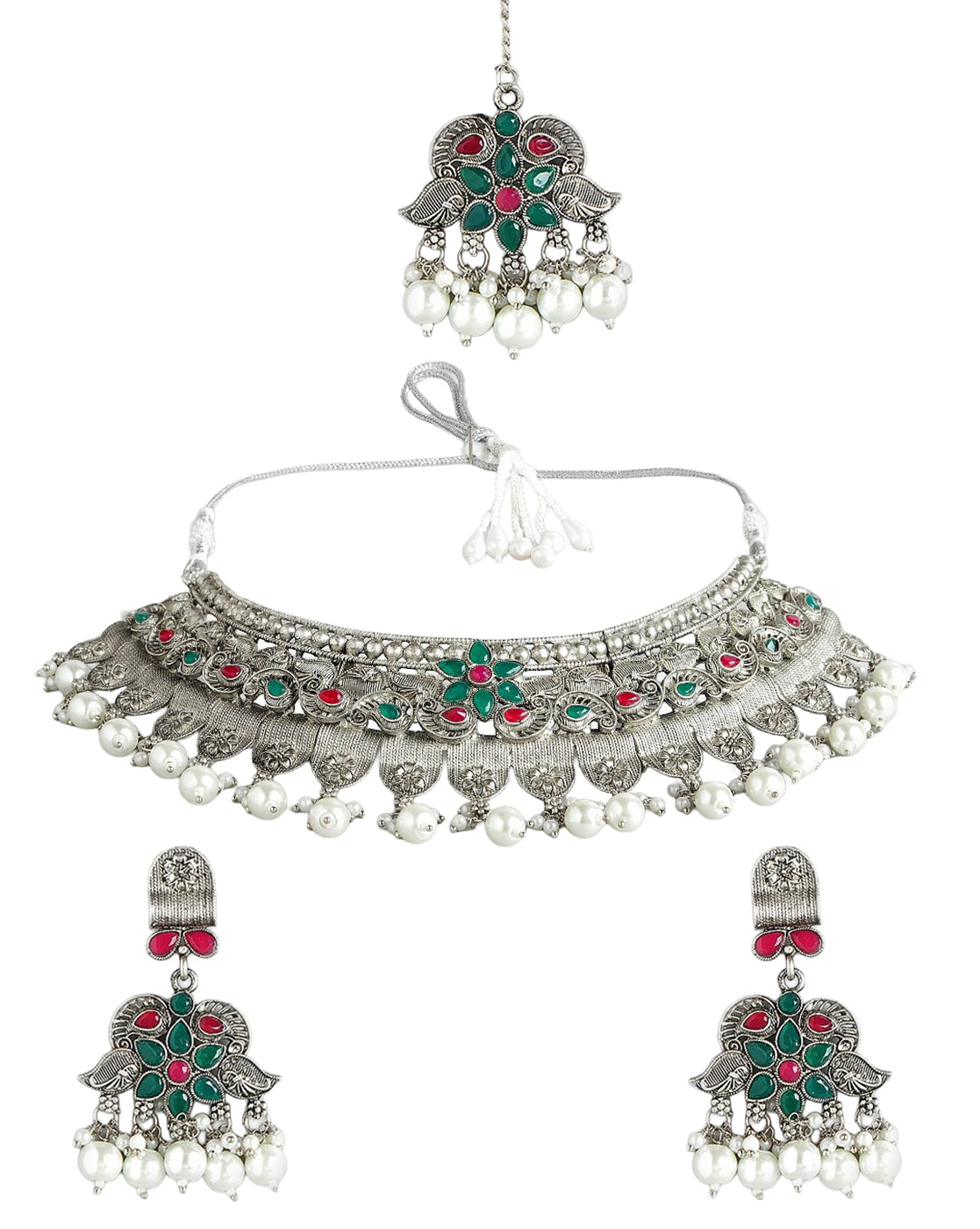 Silver Plated Oxidised Pearl & Red Green Stone Studded Jewellery Set