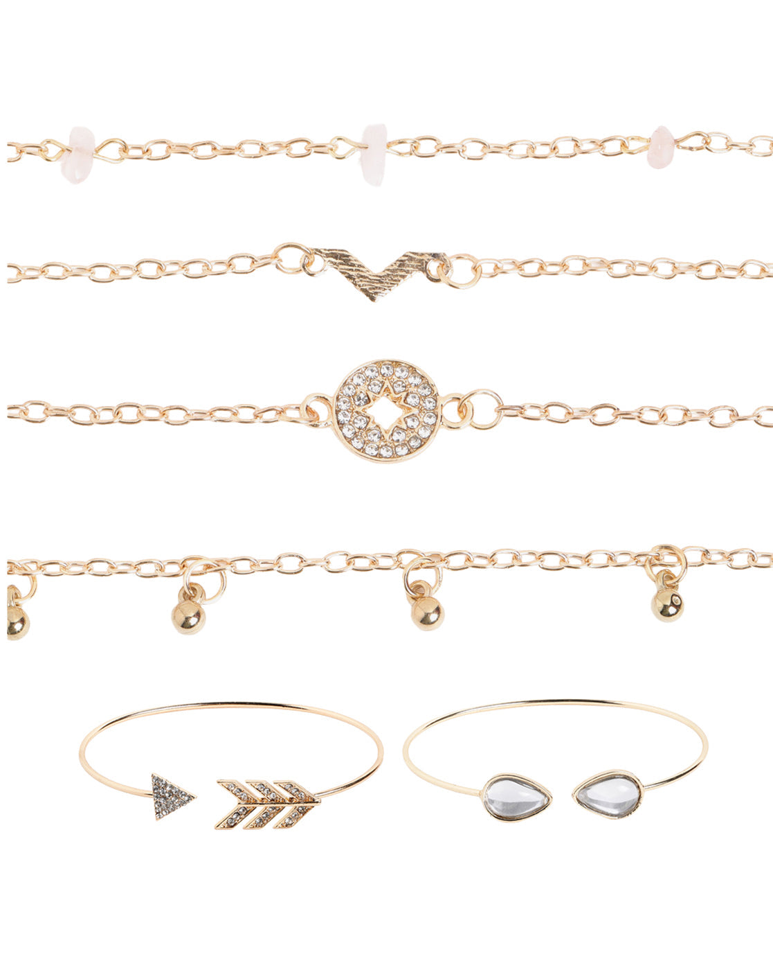 Set of 6 Rose Gold Plated CZ Studded Textured Trendy Adjustable & Cuff Bracelet Multipack Set