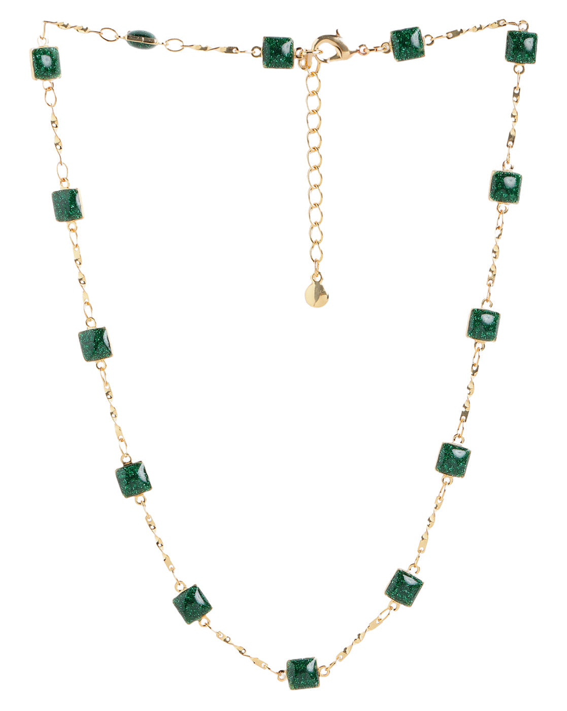 Gold Plated Contemporary Geometric Teal Stones Station Chain Necklace